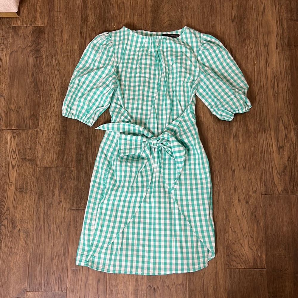 Gingham mini dress with wrap tie and puff sleeves